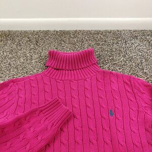 Vintage Ralph Lauren Sport Sweater Cable Knit Turtleneck Pink Womens Large